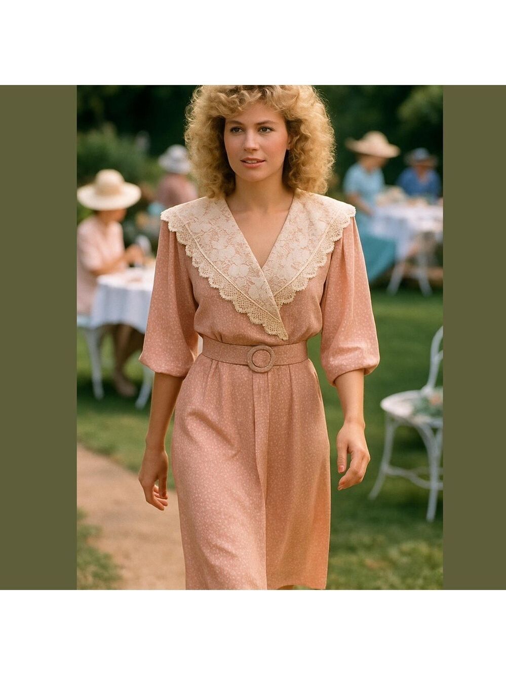 80s DQ FASHIONS LTD PINK & CREAM DITZY PRINT W MIDI DRESS WIDE LACE COLLAR SZ 7